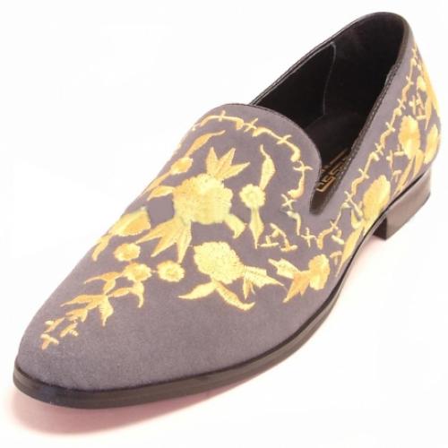 Fiesso Grey Genuine Suede Loafer Shoes With Gold Embroidery FI6801
